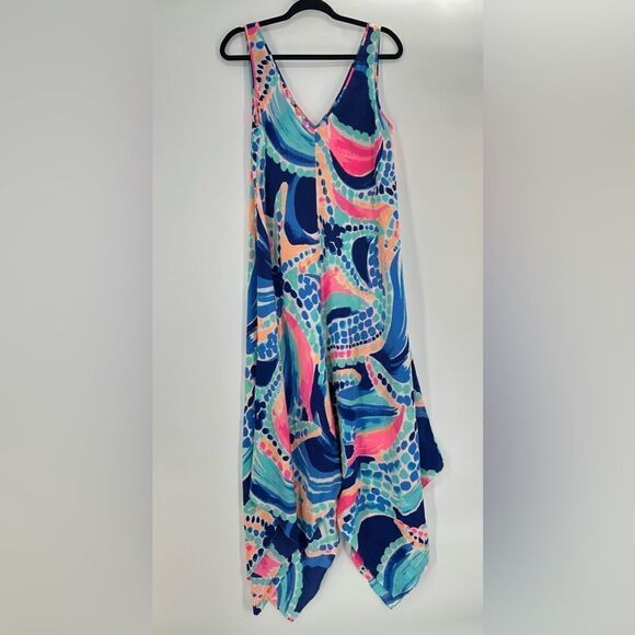 LILLY PULITZER Anise Ocean Jewels Waterfall Double V Silk Maxi Dress Size L - Picture 5 of 13
